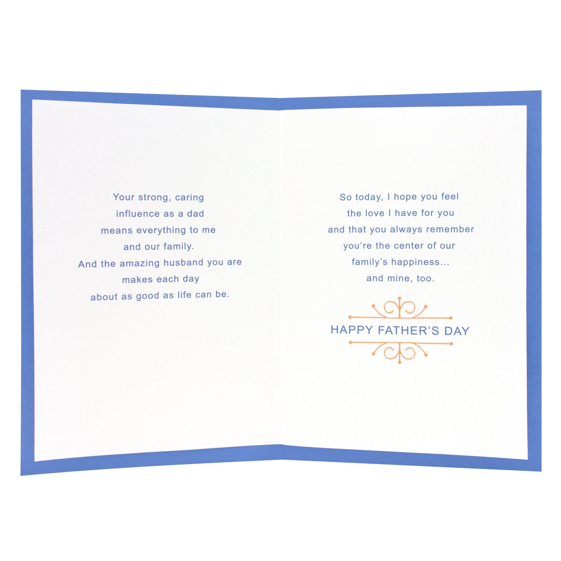 Hallmark Father's Day card - Joy & Love (For Husband) open view showcasing heartfelt messages on white and blue cardstock.