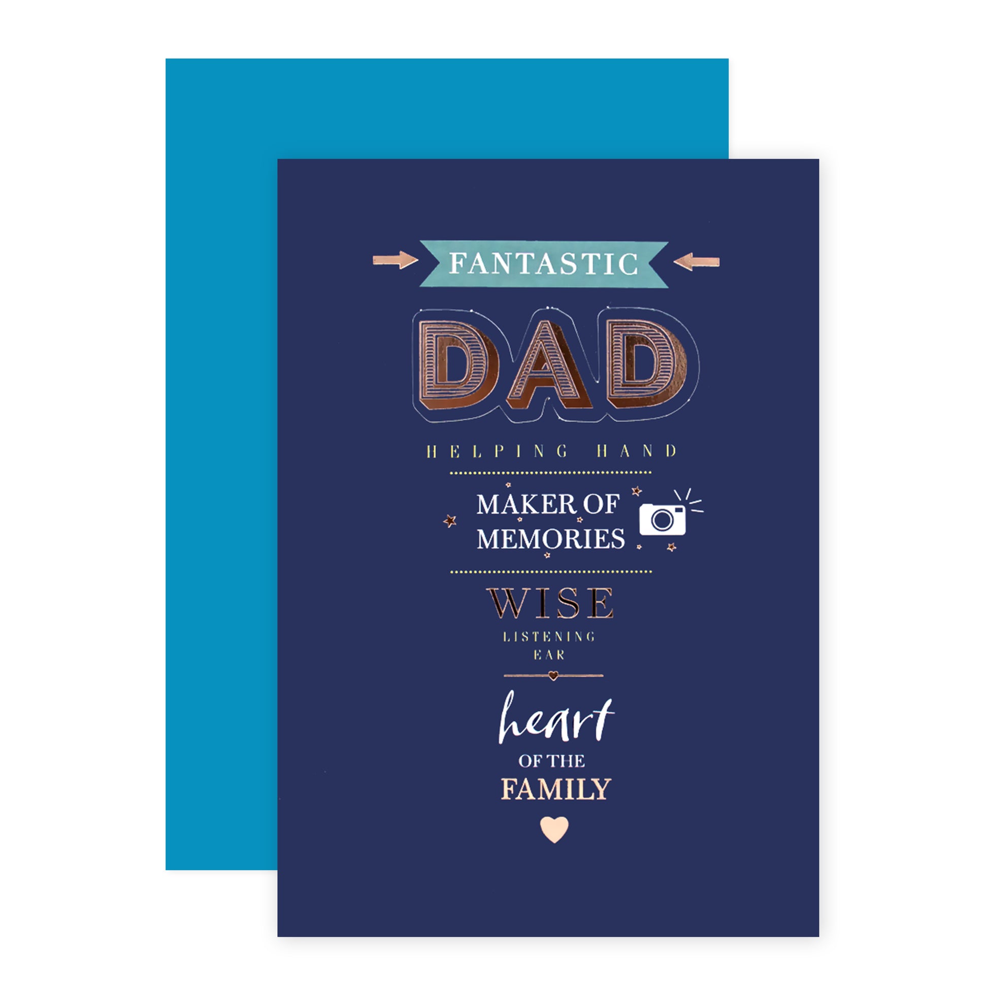Hallmark Father's Day Card - Heart of the Family featuring rose gold foil text on a navy background, flat lay with blue envelope.