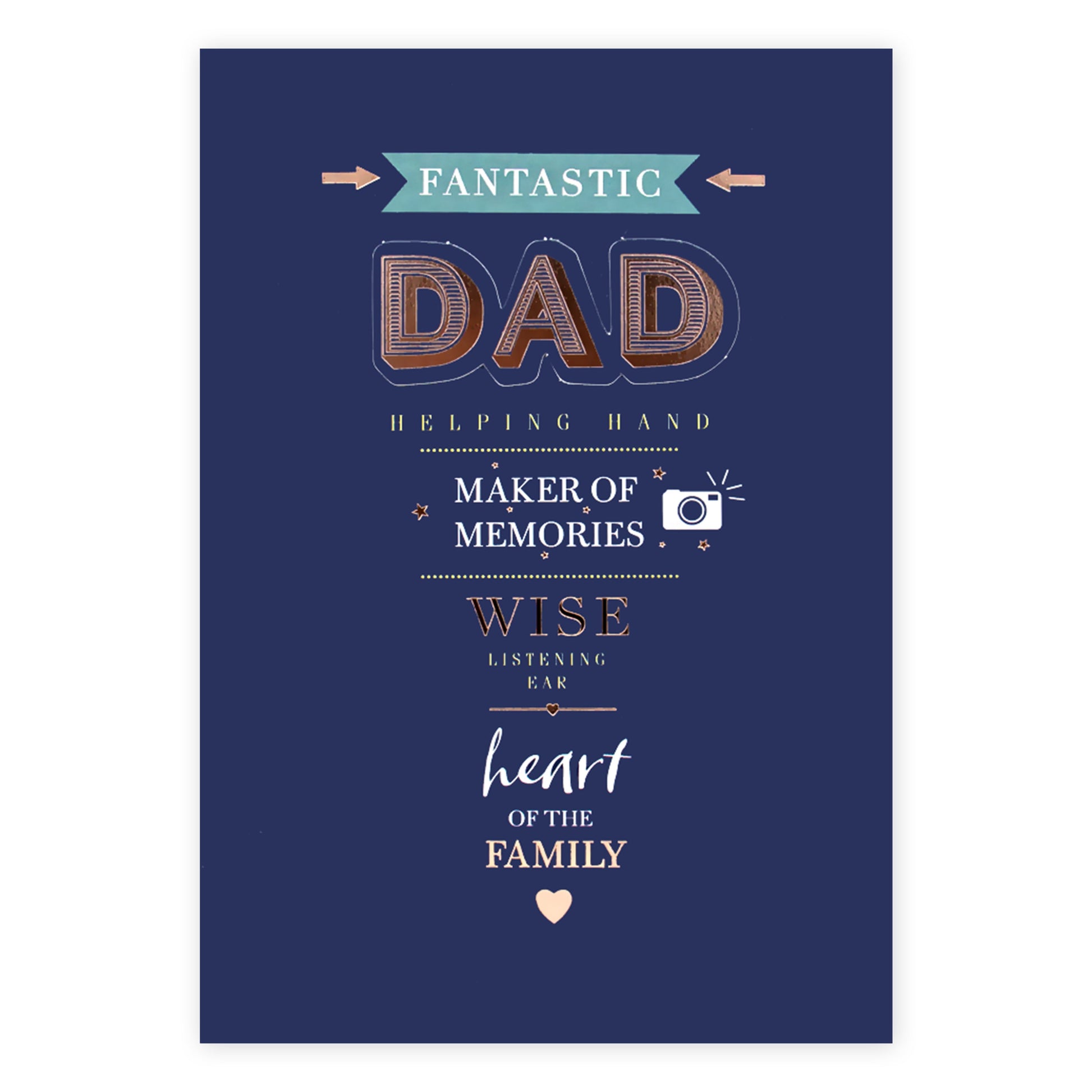 Hallmark Father's Day Card - Heart of the Family with navy background, rose gold foil lettering and decorative illustrations.