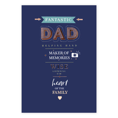 Hallmark Father's Day Card - Heart of the Family with navy background, rose gold foil lettering and decorative illustrations.