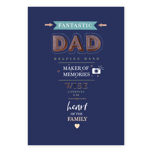 Hallmark Father's Day Card - Heart of the Family with navy background, rose gold foil lettering and decorative illustrations.