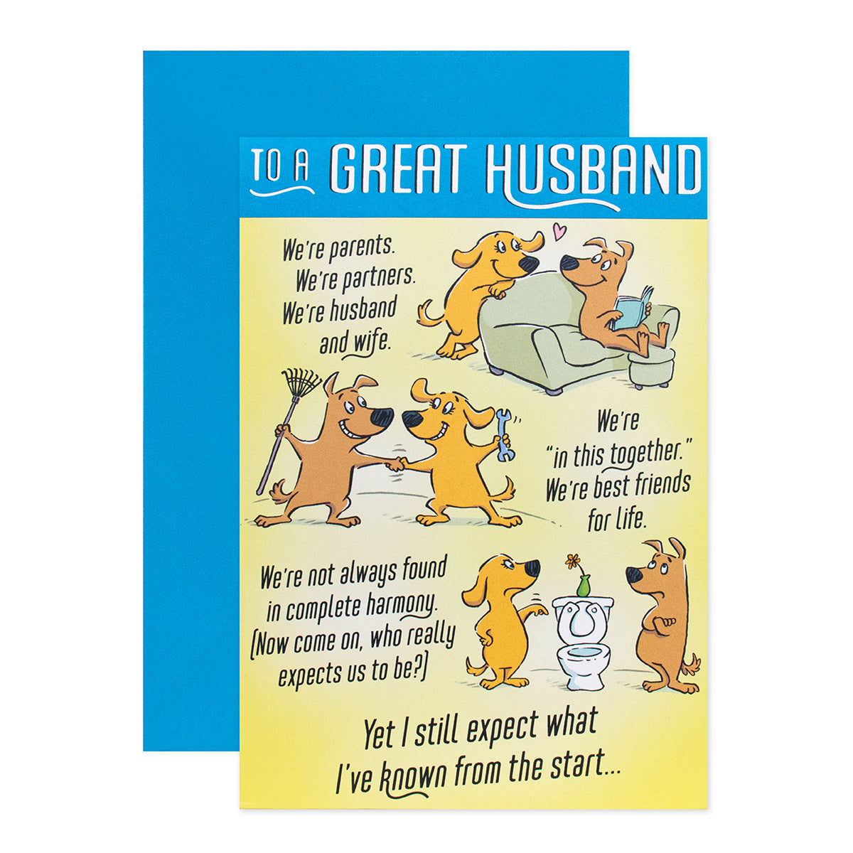 Hallmark pop-up Father's Day Card - To a great Husband, illustrated dogs, vibrant colours, playful design, flat lay display