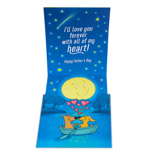 Hallmark pop-up Father's Day Card - To a great Husband featuring cute illustrated dogs in a boat under a night sky, heartfelt message inside.