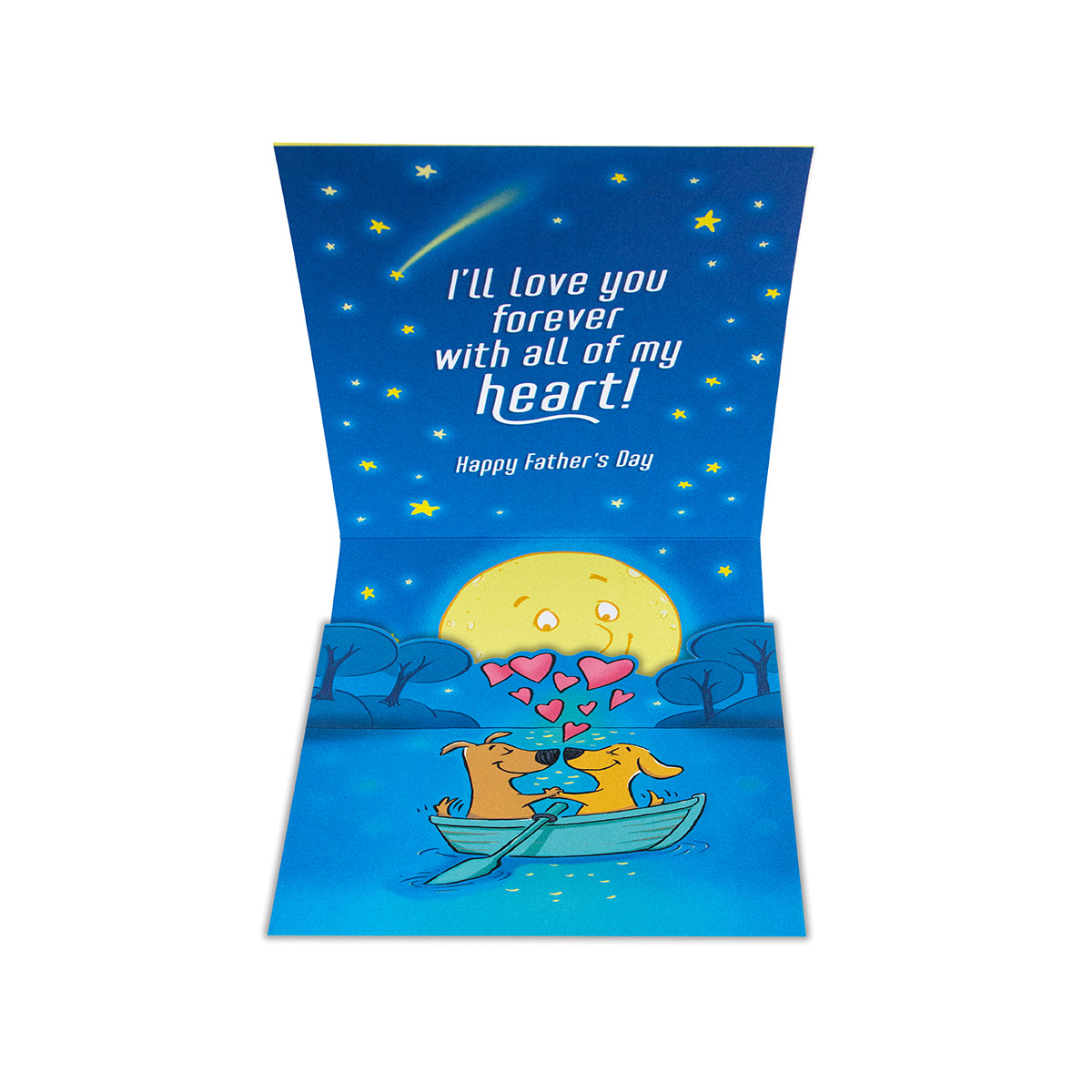 Hallmark pop-up Father's Day card - To a great Husband featuring a blue interior with illustrated dogs in a boat under the moon.