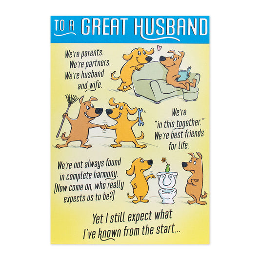 Hallmark pop-up Father's Day Card - To a great Husband, colourful design featuring illustrated dogs and heartfelt messages, flat lay view.