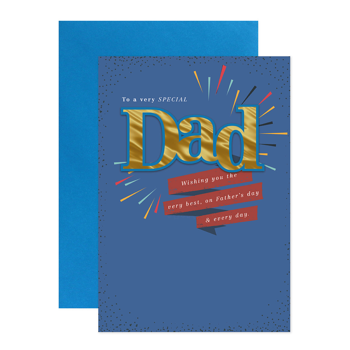 Hallmark Father's Day Card - To a very special Dad, featuring gold foil lettering and a blue background, angled view.