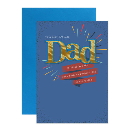 Hallmark Father's Day Card - To a very special Dad, featuring gold foil lettering and a blue background, angled view.