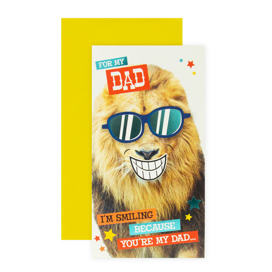 Hallmark Father's Day Card - Laughing Lion with bright colours, featuring a lion in sunglasses and a cheeky message on the front.