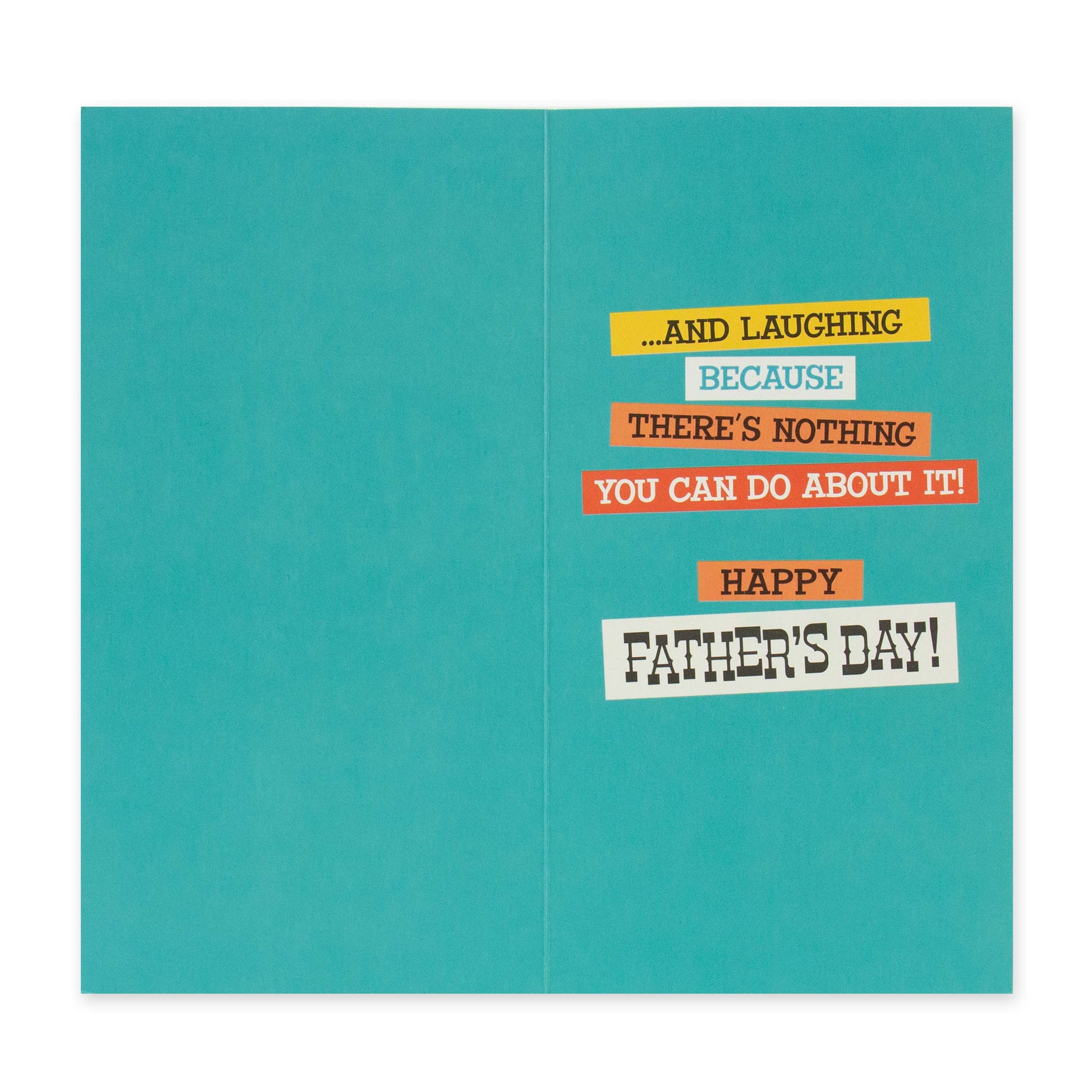 Hallmark Father's Day Card - Laughing Lion interior design featuring a bright turquoise background with celebratory text.
