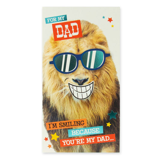 Hallmark Father's Day Card - Laughing Lion with 3D plaque attachment, featuring a smiling lion wearing sunglasses and bold text.