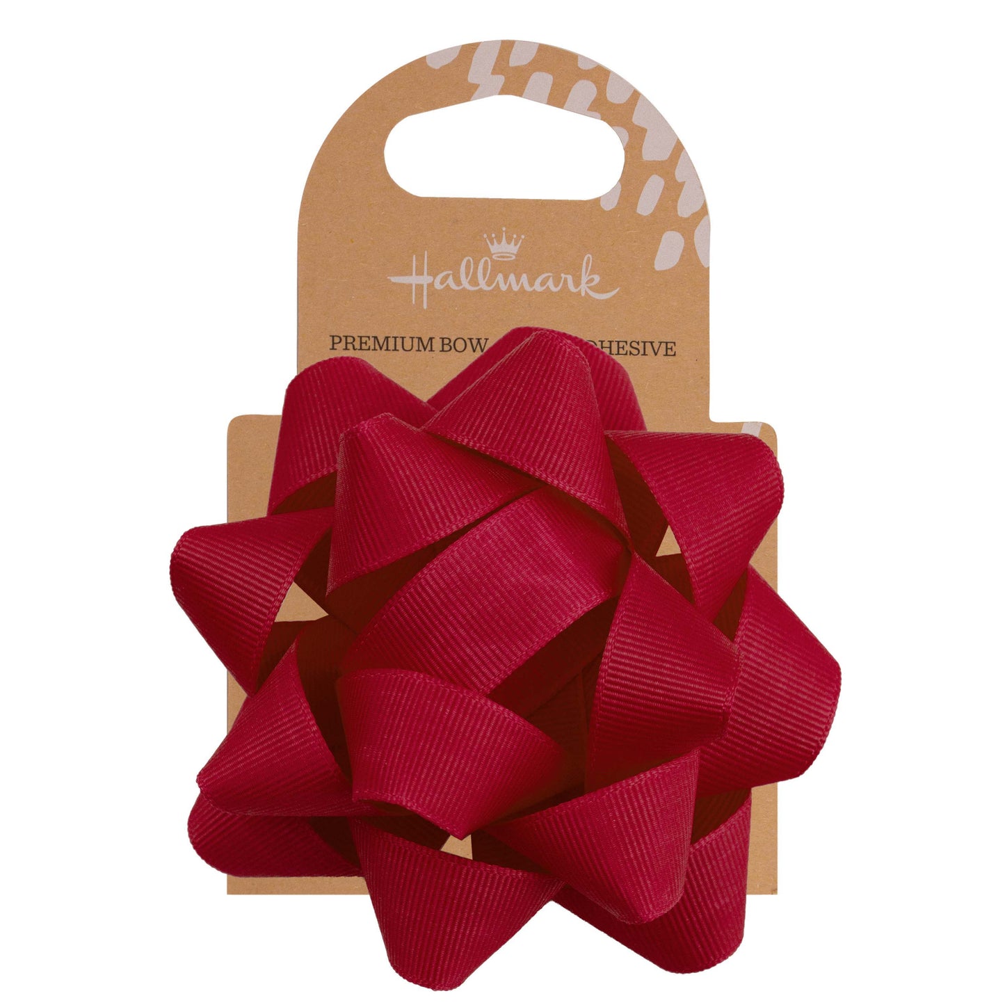 Hallmark Premium Fabric Bow - Red, textured grosgrain ribbon, close-up view on packaging with adhesive backing.