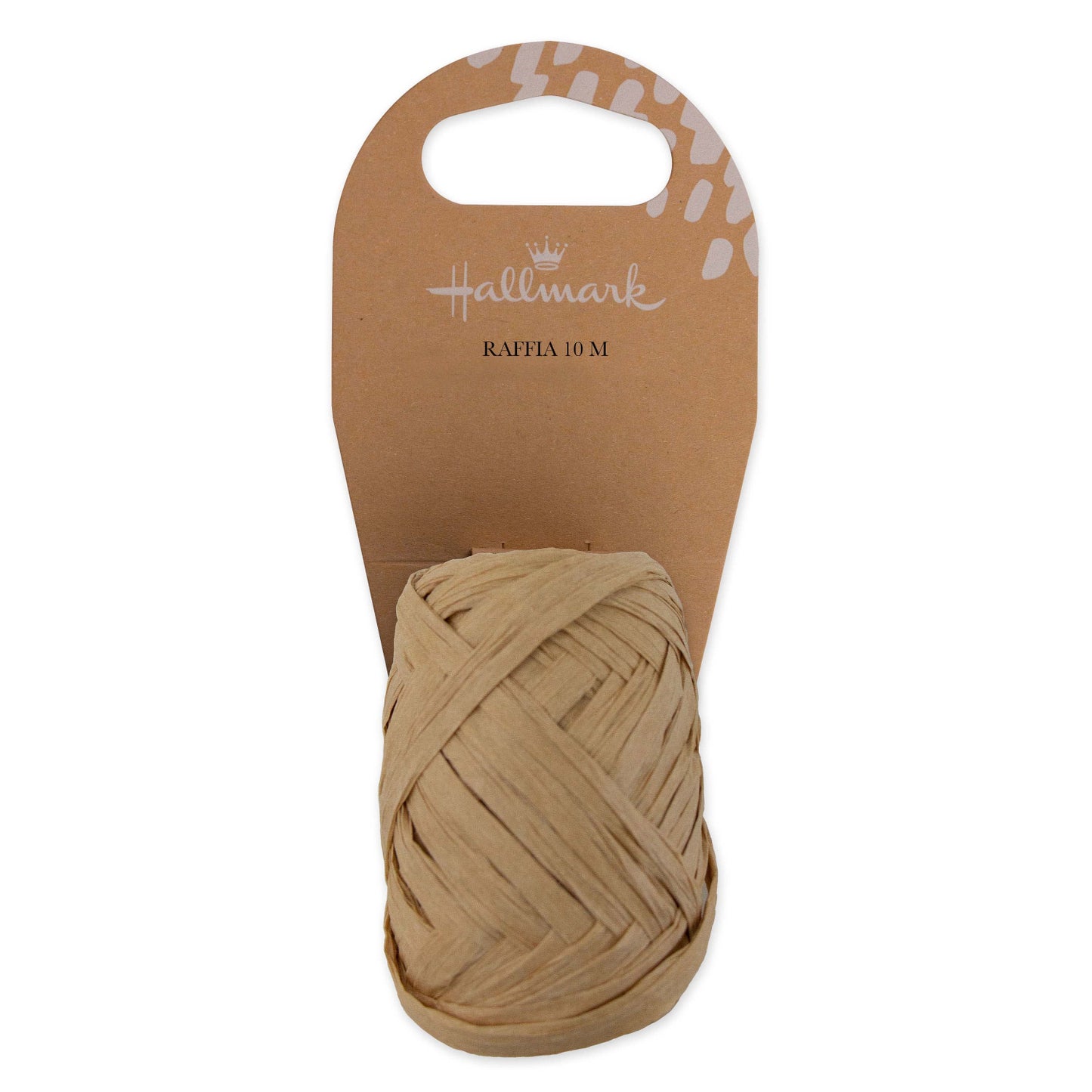 Hallmark Natural Raffia Ribbon - 10m in a crafted ball shape on recyclable kraft card, showcasing natural fibres with a rustic look.