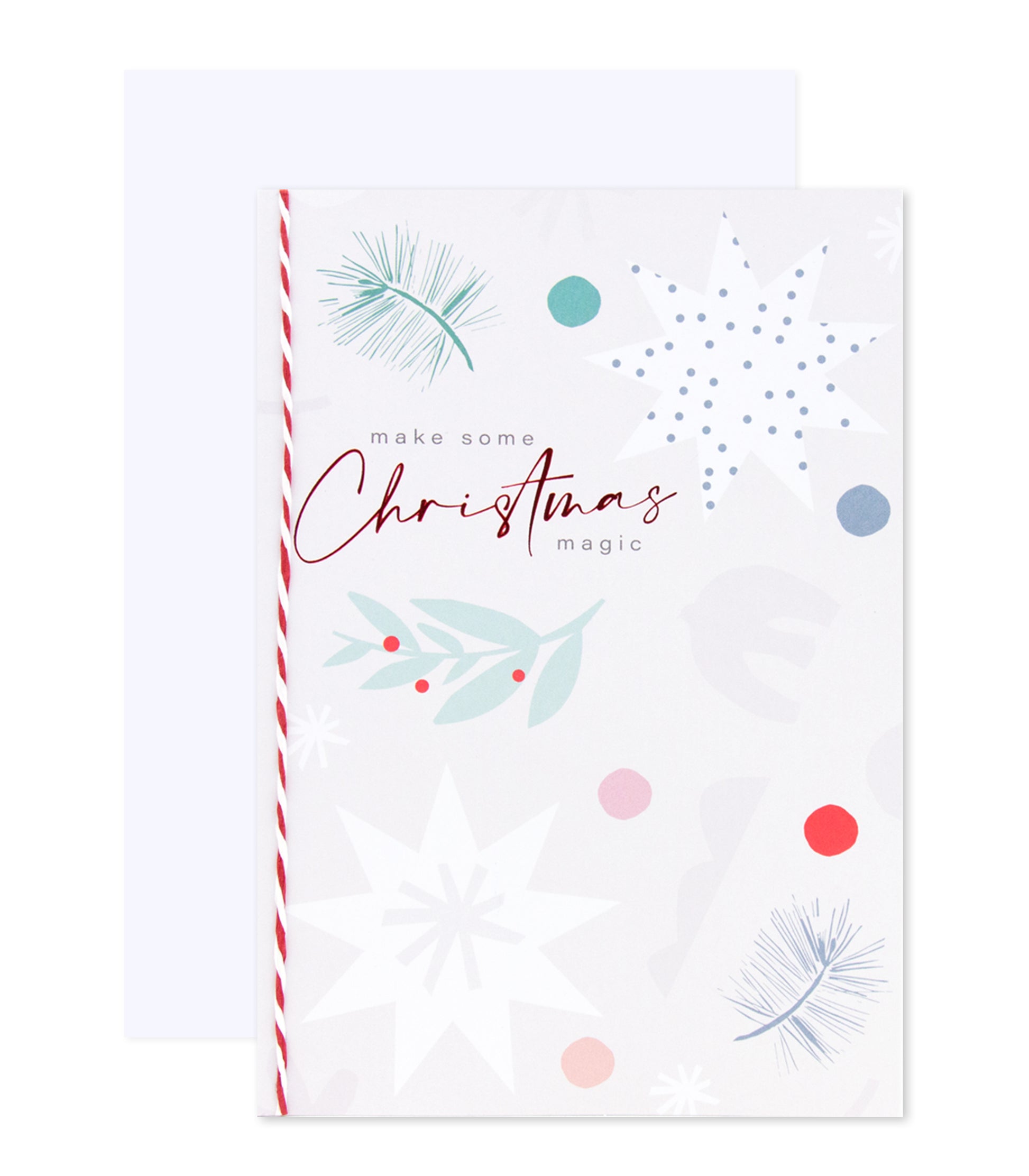 Merry Xmas Deck Classic Reg card featuring playful Christmas motifs and a striped edge, presented flat with envelope.
