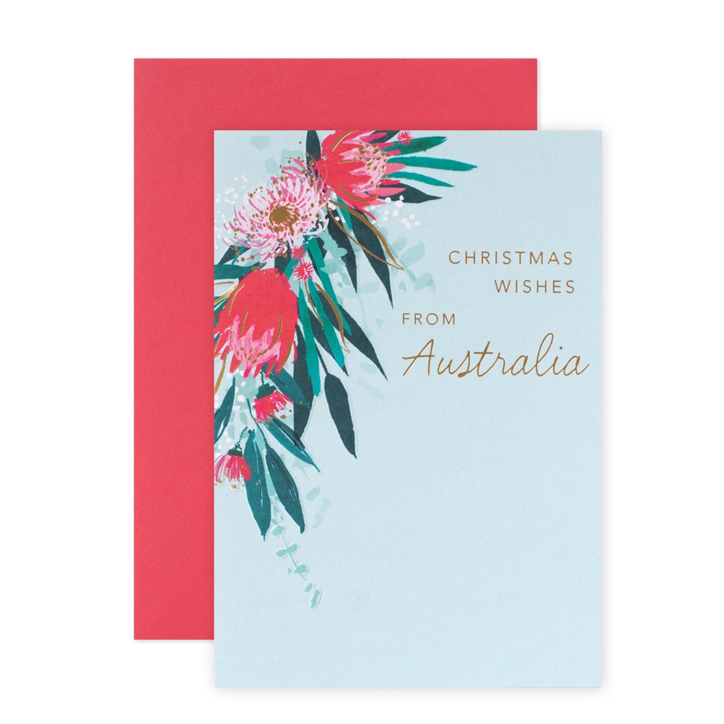 Hallmark Christmas card - wishes from Australia featuring vibrant native flowers and gold foil accents on a pastel background with a red envelope.