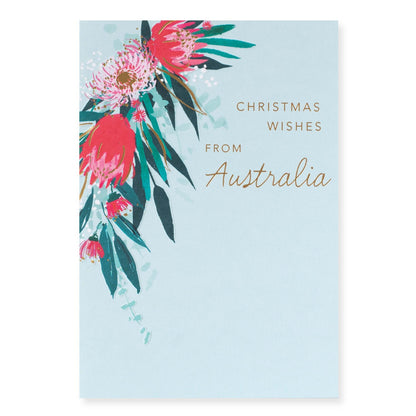 Hallmark Christmas Card - Wishes From Australia featuring gold foil text and colourful Australian native flowers on a light blue background.