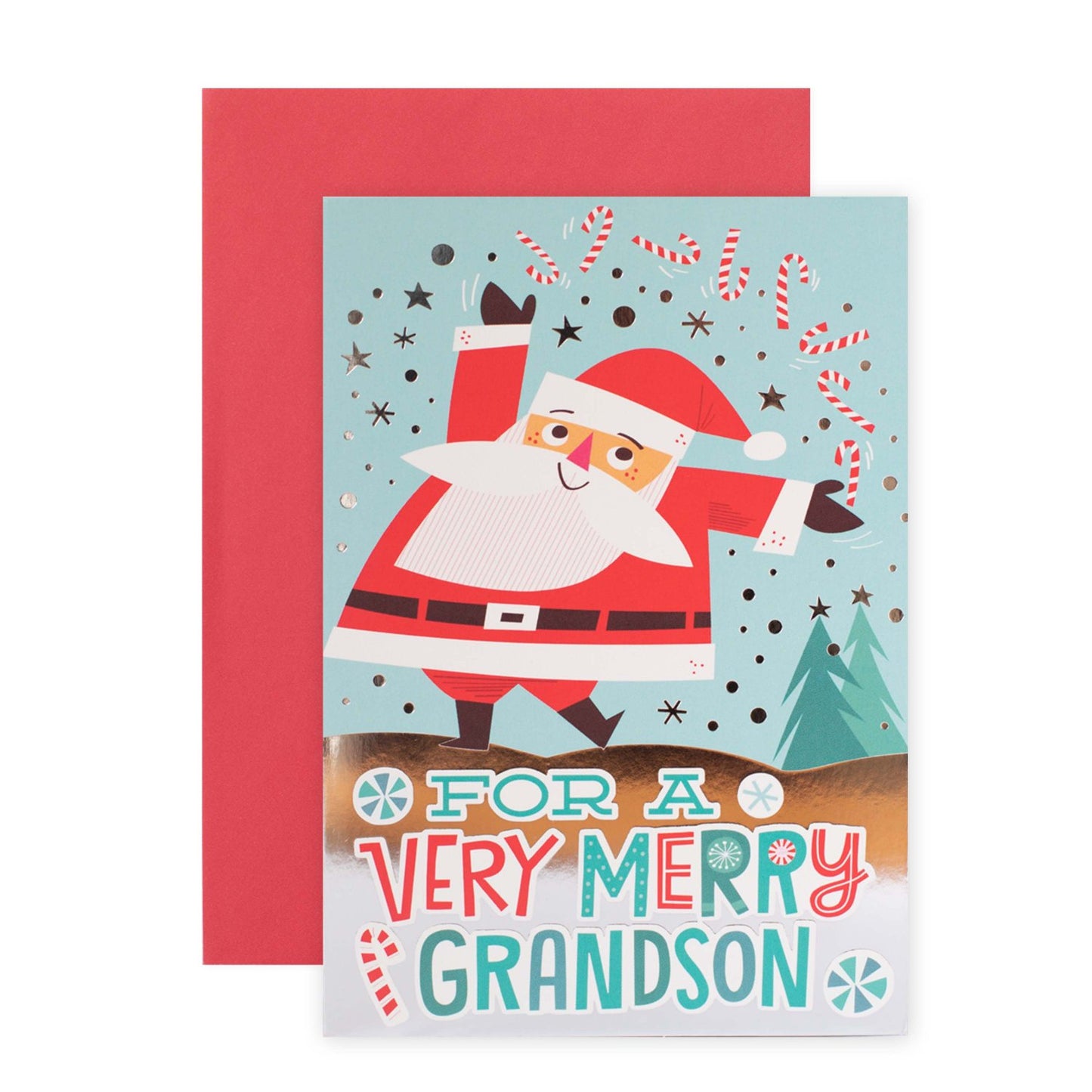 Hallmark Christmas Card For Grandson - Extra Jolly featuring Santa juggling candy canes and vibrant holiday graphics, front view.
