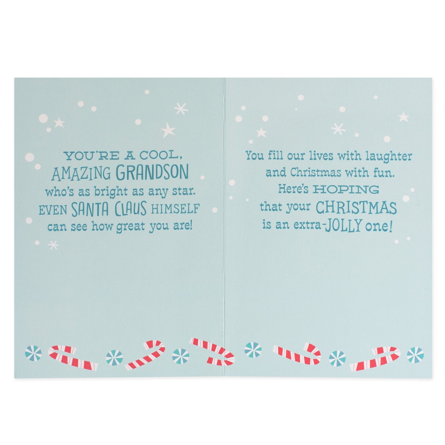 Hallmark Christmas Card For Grandson - Extra Jolly, open view, with blue background, candy canes, and festive messages inside.