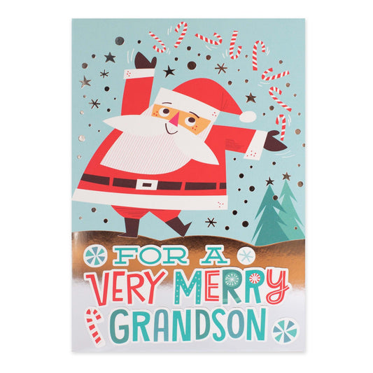 Hallmark Christmas Card For Grandson - Extra Jolly featuring Santa Claus illustration, candy canes, and festive design elements.