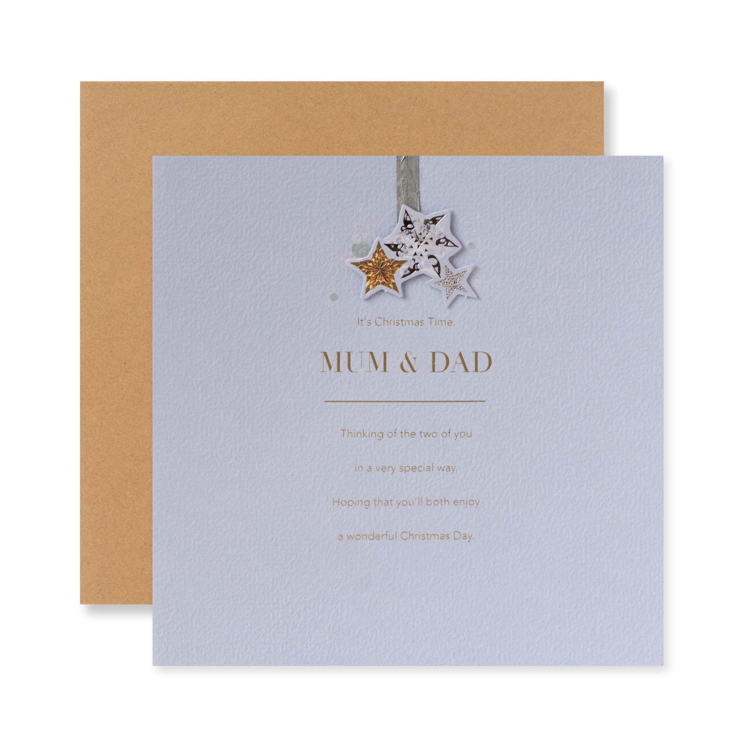 Hallmark Christmas card for Mum & Dad - Wonderful Day, textured paper design, featuring 3D stars and gold foil accents, flat lay view.