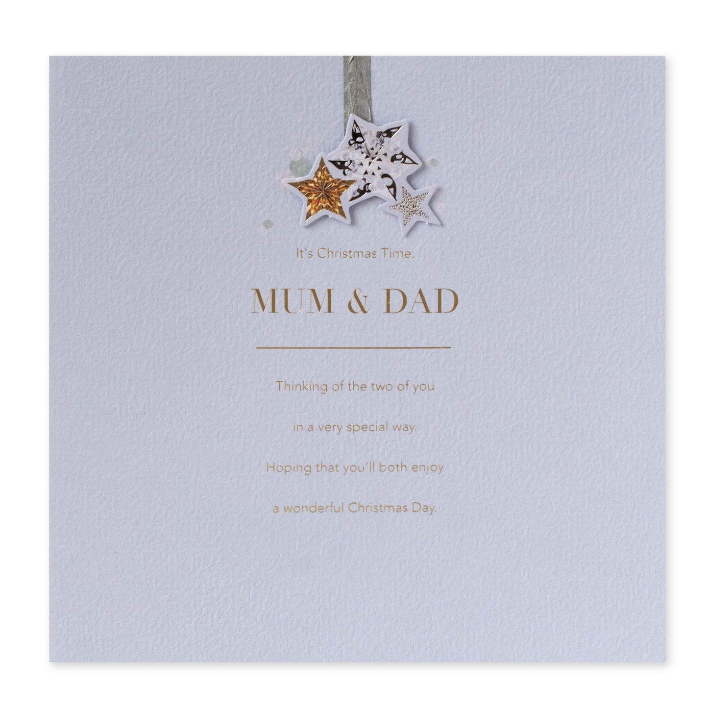 Hallmark Christmas card for Mum & Dad - Wonderful Day, textured paper, gold and silver foil highlights, front design with stars