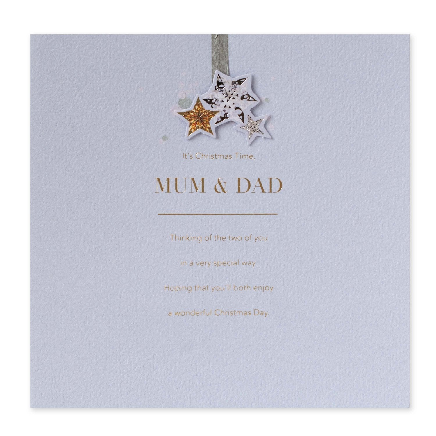 Hallmark Christmas card for Mum & Dad - Wonderful Day, textured paper, gold and silver foil highlights, front design with stars