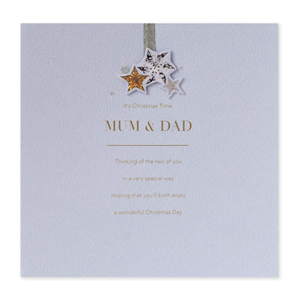 Hallmark Christmas card for Mum & Dad - Wonderful Day, textured paper, gold and silver foil highlights, front design with stars