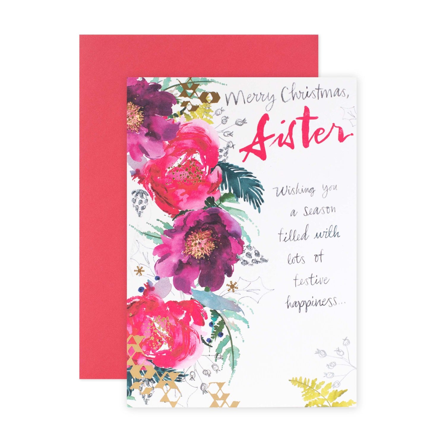 Hallmark Christmas card for sister - Festive Happiness, colourful floral design with gold foil highlights, flat lay view.