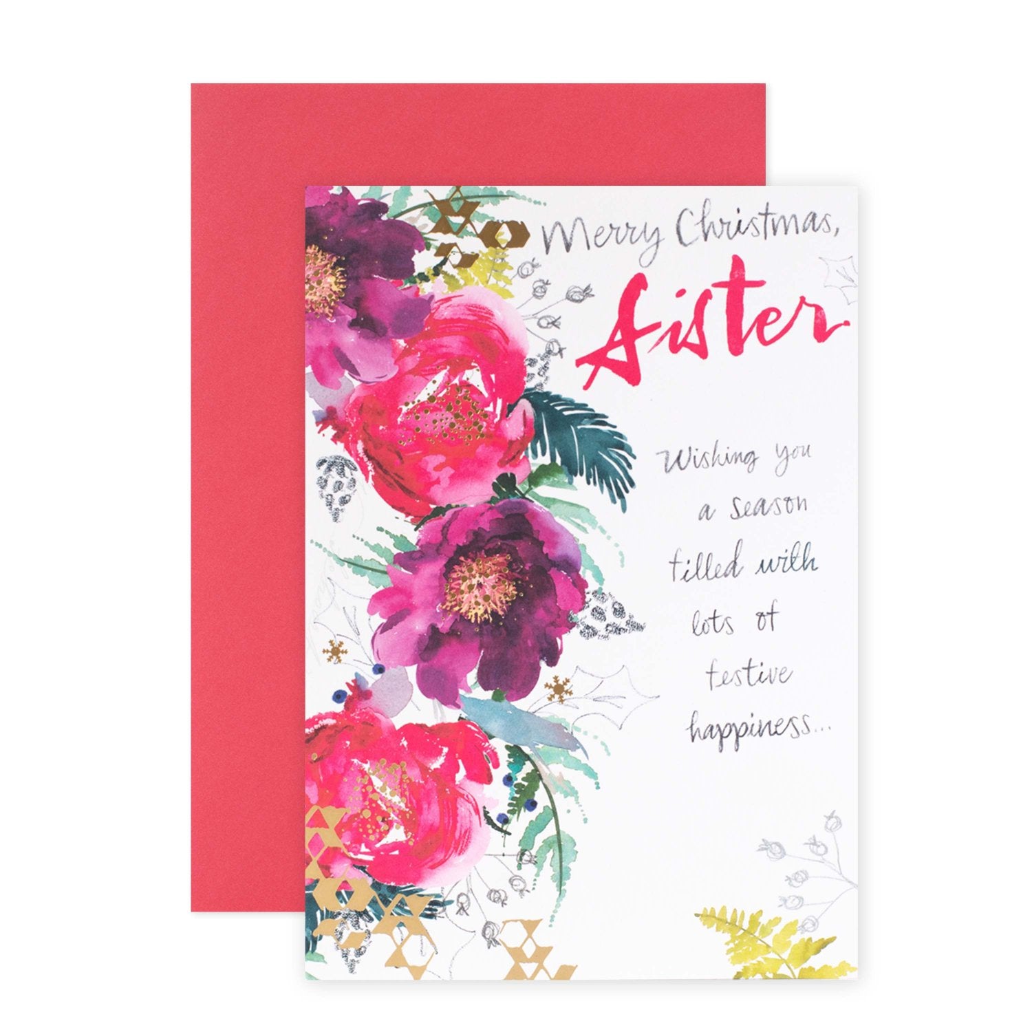 Hallmark Christmas card for sister - Festive Happiness, colourful floral design with gold foil highlights, flat lay view.