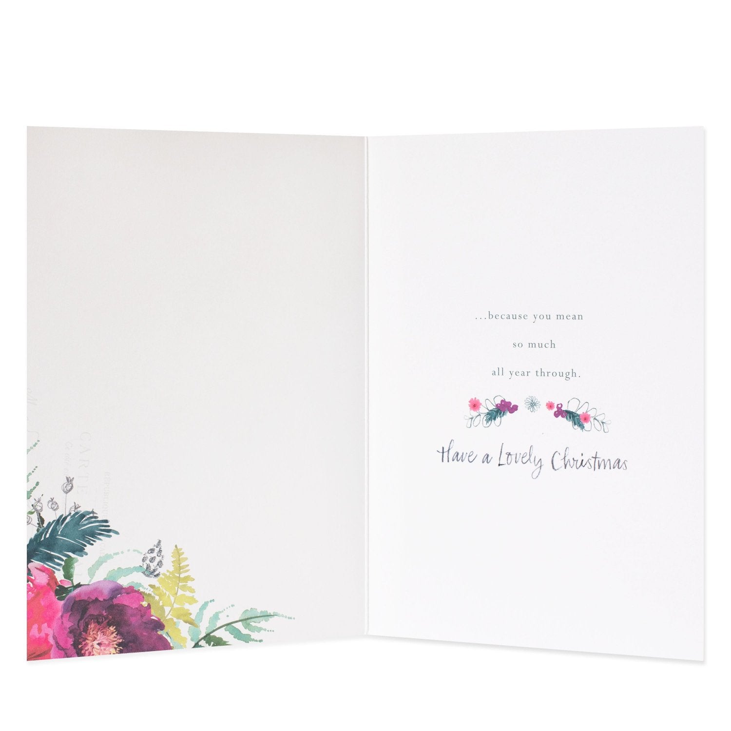 Hallmark Christmas Card For Sister - Festive Happiness, open view with floral illustrations and heartfelt Christmas message inside.