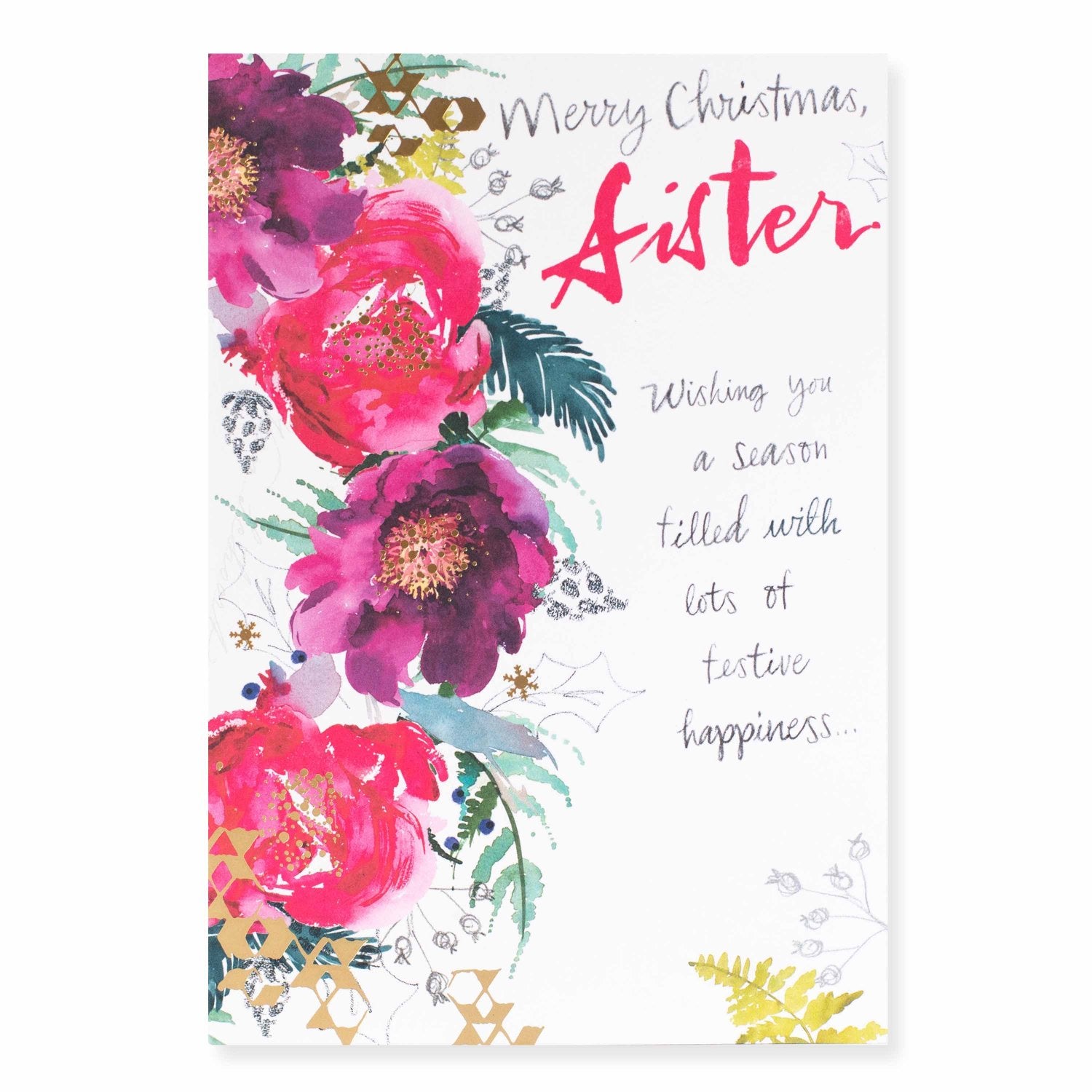 Hallmark Christmas card for sister - Festive Happiness, floral design with gold foil accents, featuring vibrant pink flowers.