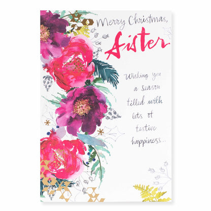Hallmark Christmas card for sister - Festive Happiness, floral design with gold foil accents, featuring vibrant pink flowers.