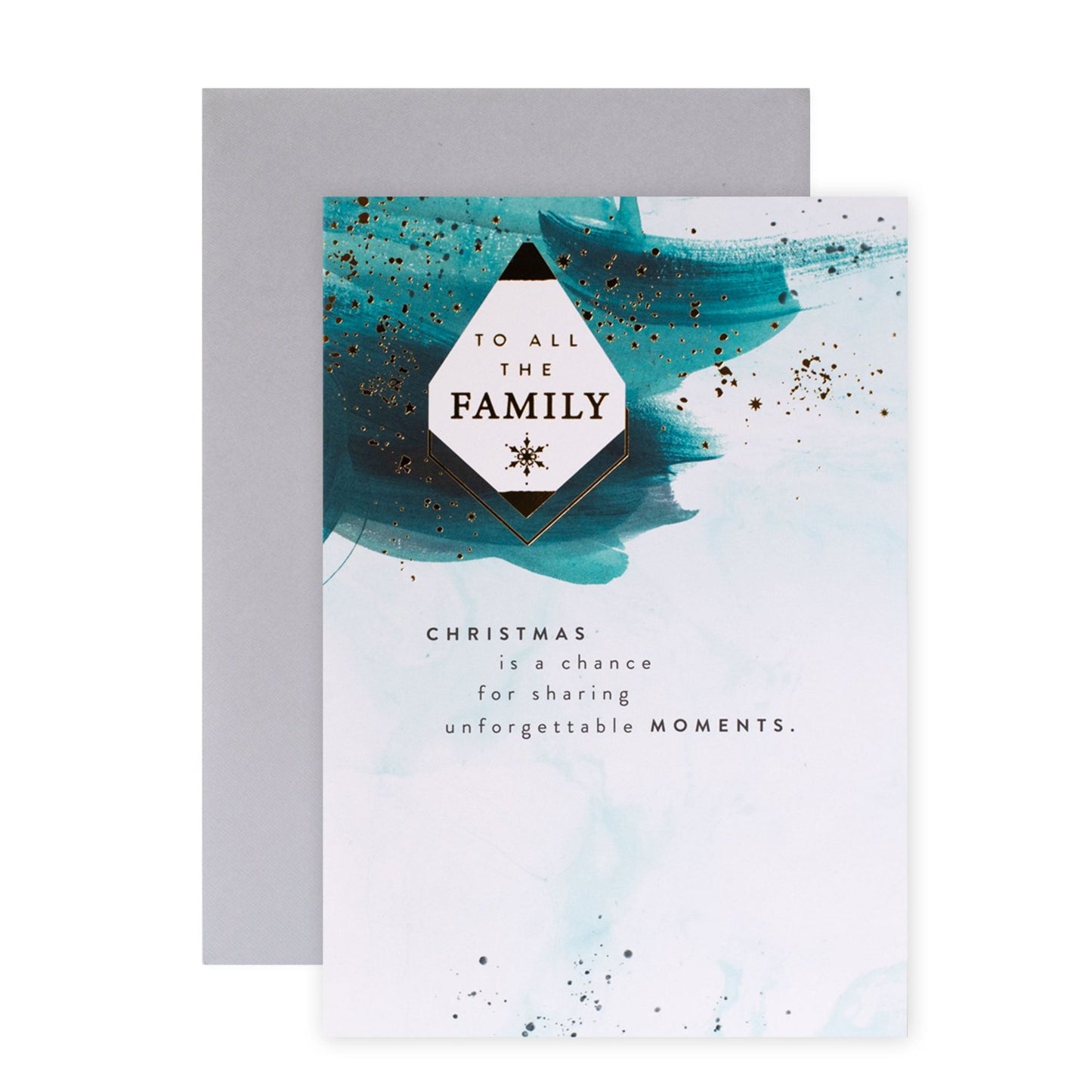 Hallmark Christmas card to all the family - unforgettable moments featuring a blue marbled design and gold foil detailing, flat lay view.