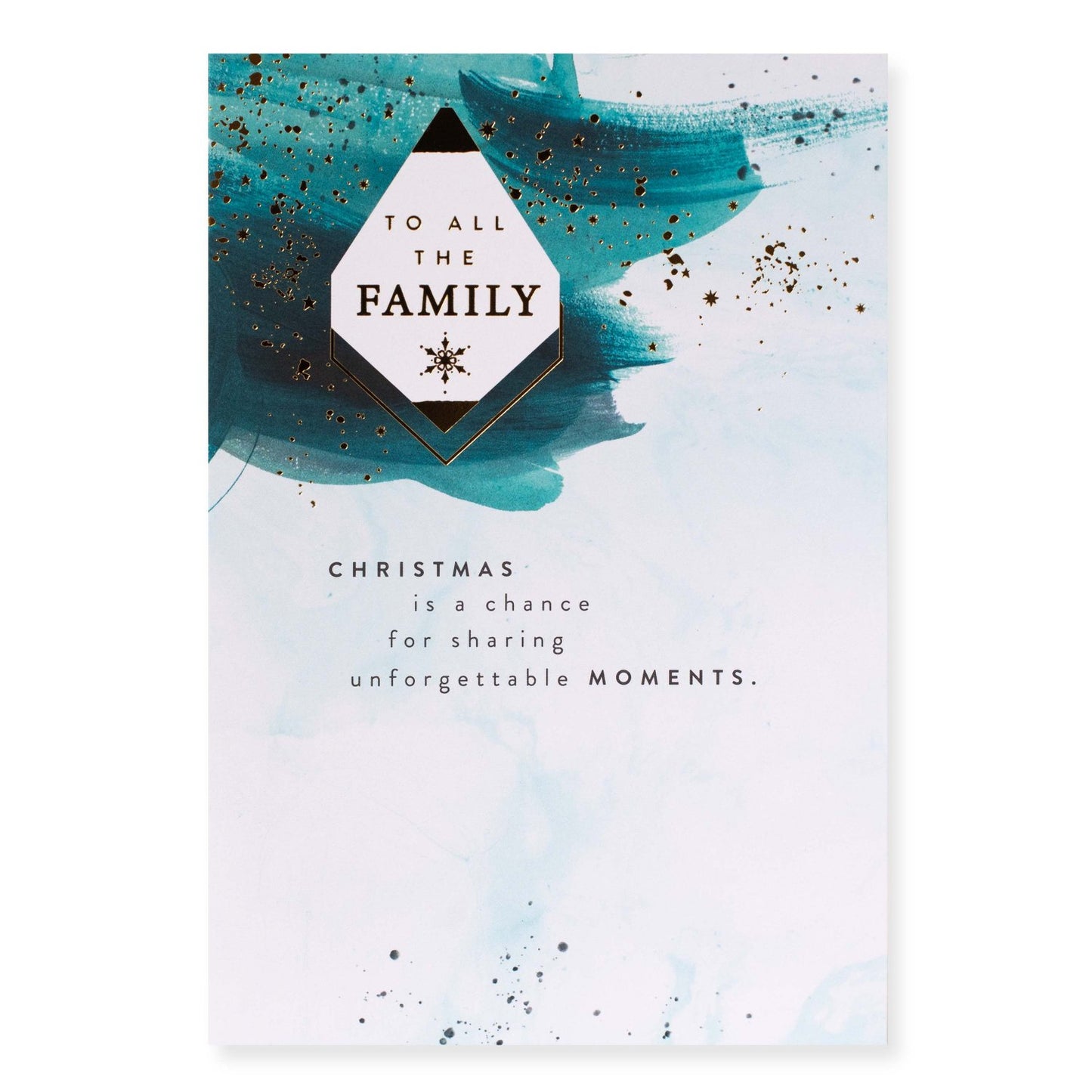 Hallmark Christmas Card To All The Family - Unforgettable Moments, featuring a blue and gold design with marbling and Christmas message.