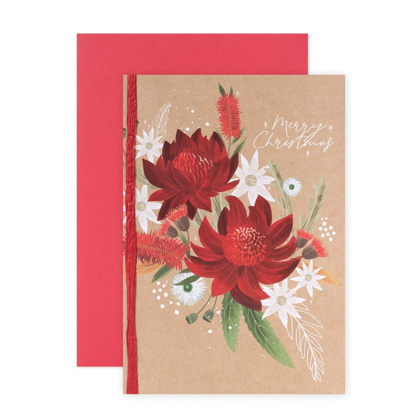 Hallmark x Christie Williams Christmas Card - Native Flora with vibrant red flowers and a red paper background, featuring a festive greeting.