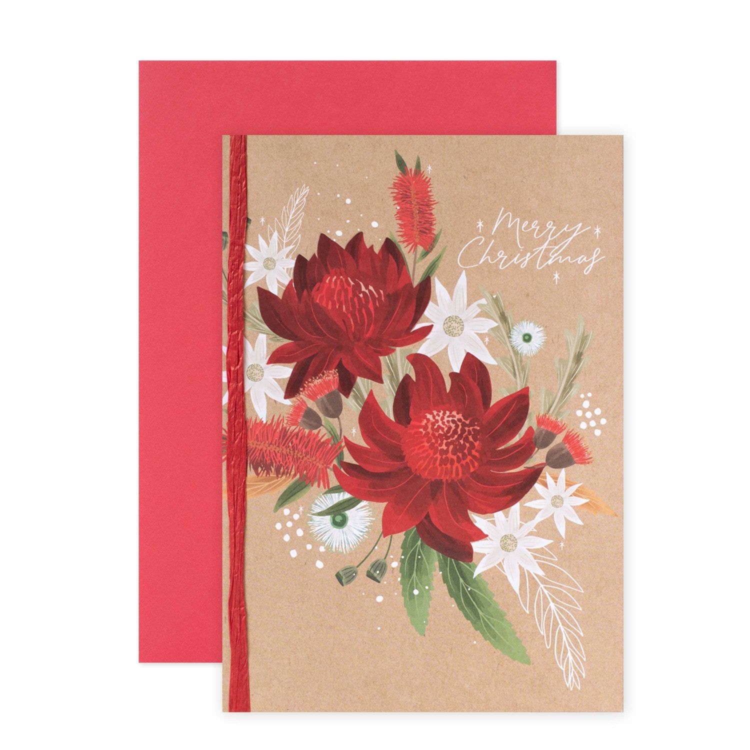 Hallmark x Christie Williams Christmas Card - Native Flora with vibrant red flowers and a red paper background, featuring a festive greeting.