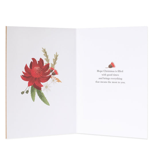 Hallmark x Christie Williams Christmas Card - Native Flora featuring red Australian floral illustration and heartfelt message inside.