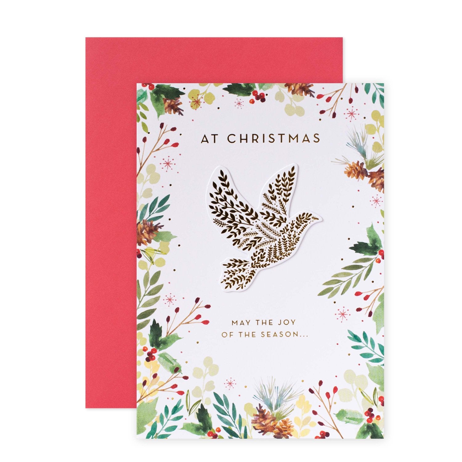 Hallmark Christmas Card - Joy Of The Season featuring gold foiling, dove design, and holly illustrations in a flat lay view.