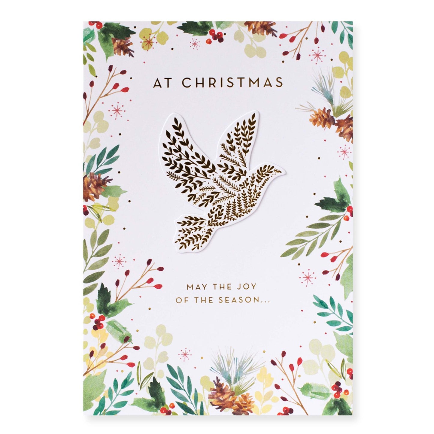 Hallmark Christmas Card - Joy Of The Season with gold foil dove and holly illustrations, flat lay view.