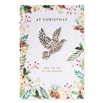 Hallmark Christmas Card - Joy Of The Season with gold foil dove and holly illustrations, flat lay view.