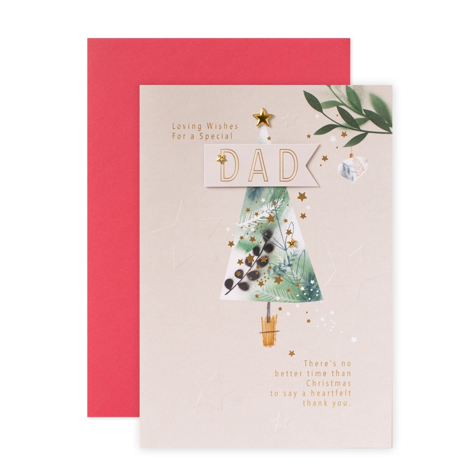 Hallmark Christmas Card For Dad - Heartfelt Thank You, embossed design, illustrated Christmas tree, flat lay with red envelope