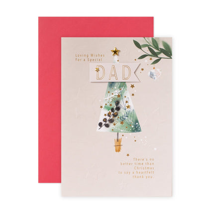 Hallmark Christmas Card For Dad - Heartfelt Thank You, embossed design, illustrated Christmas tree, flat lay with red envelope