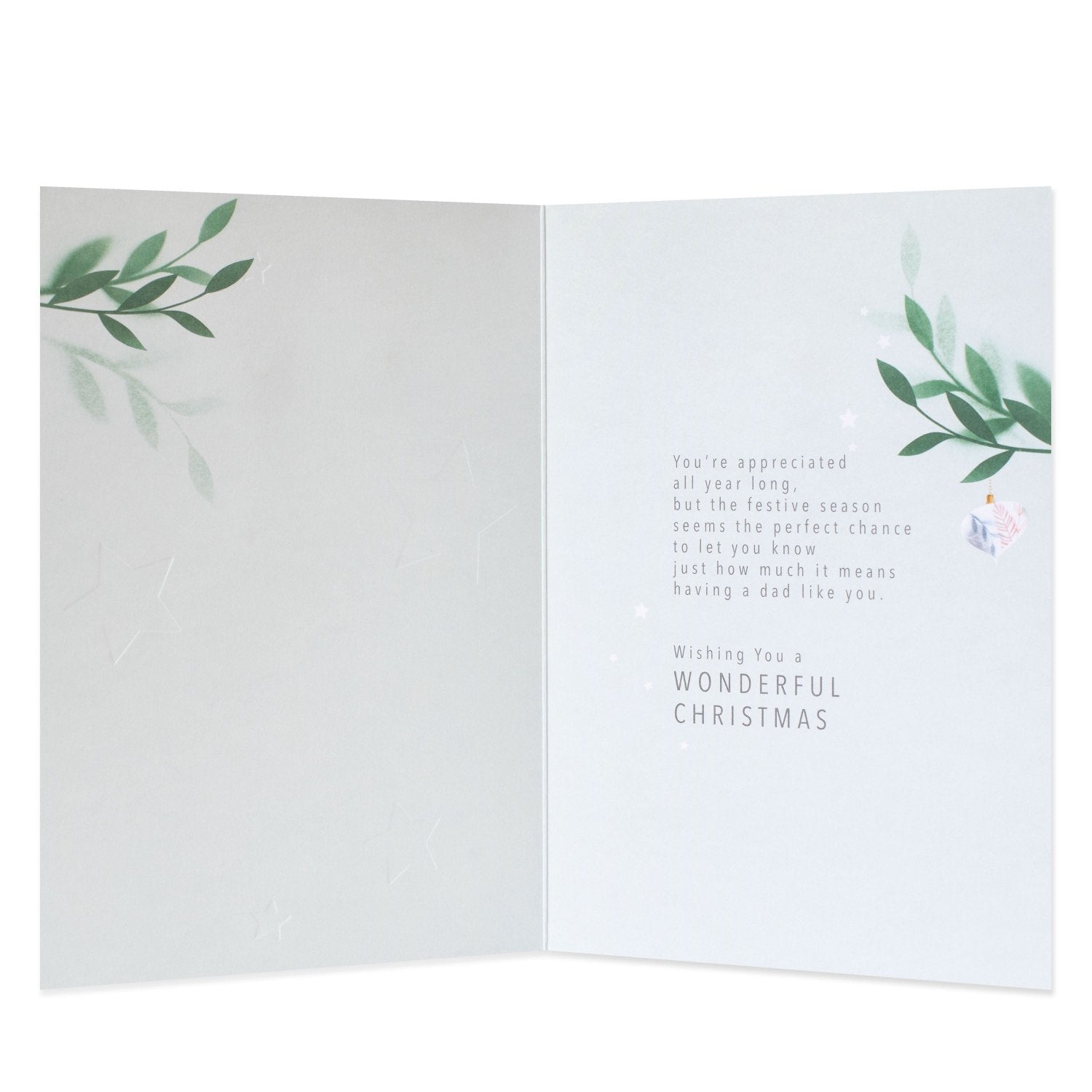Hallmark Christmas Card For Dad - Heartfelt Thank You, opened view showing heartfelt message and subtle green leaf design inside.