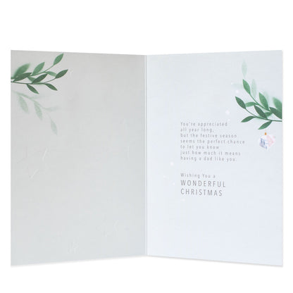 Hallmark Christmas Card For Dad - Heartfelt Thank You, opened view showing heartfelt message and subtle green leaf design inside.
