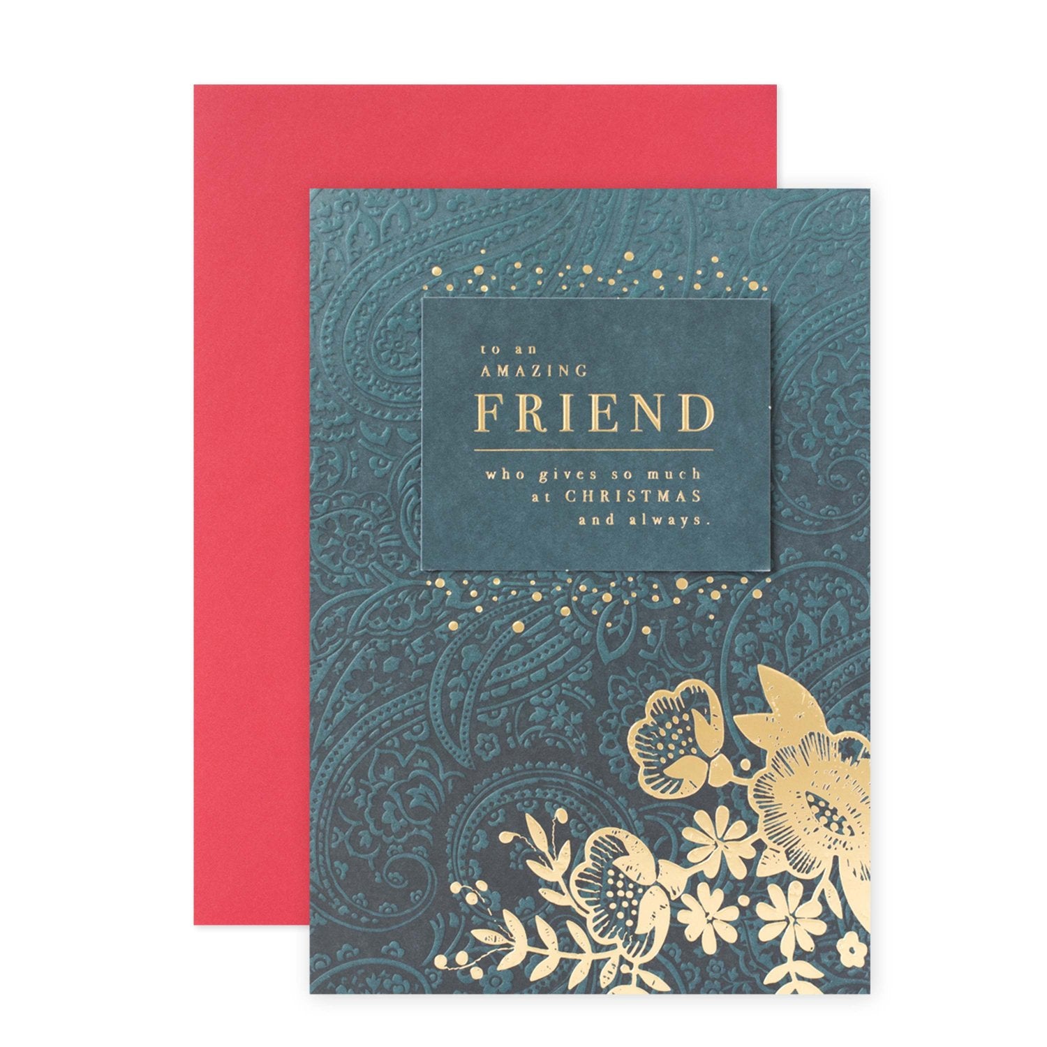 Hallmark Christmas Card For Friend - Thanks For Everything featuring embossed floral design and gold foil highlights on a teal background.
