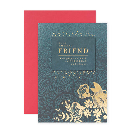 Hallmark Christmas Card For Friend - Thanks For Everything featuring embossed floral design and gold foil highlights on a teal background.