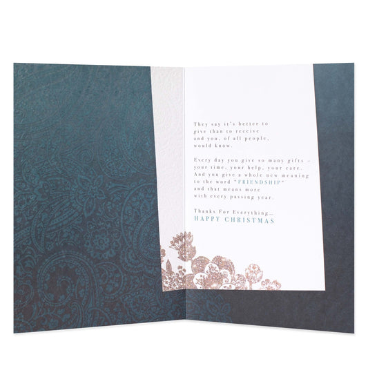 Hallmark Christmas card for friend - Thanks for everything, interior design, floral illustrations, heartfelt message, open view.