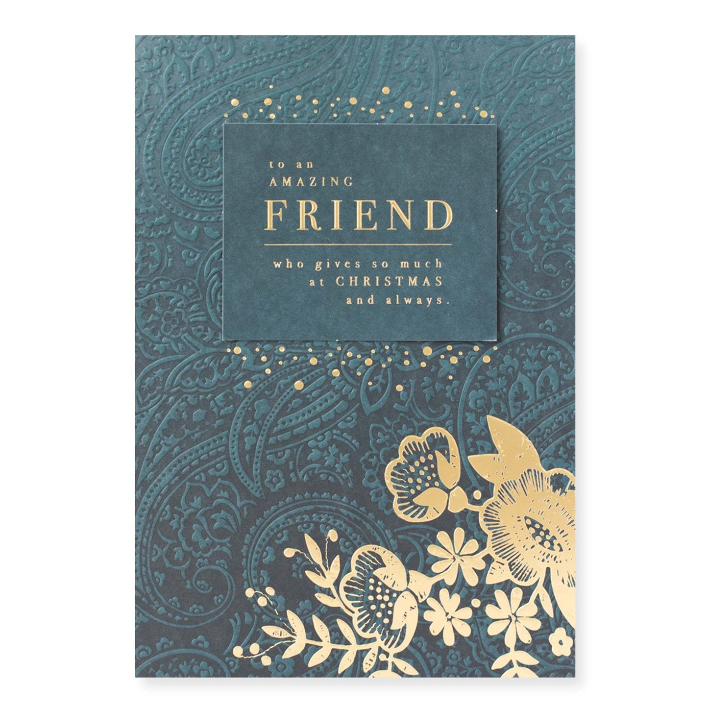 Hallmark Christmas card for friend - Thanks For Everything, embossed floral design with gold foil highlights, front view.