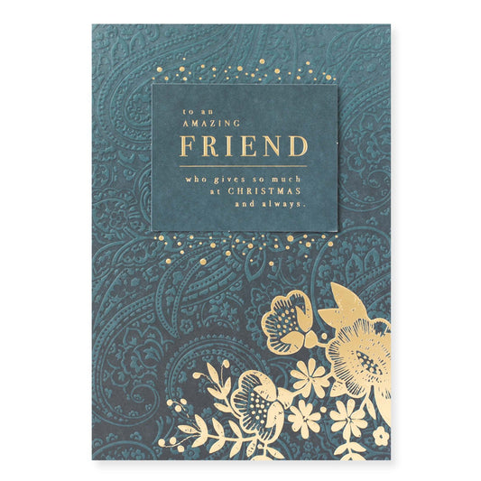 Hallmark Christmas card for friend - Thanks For Everything, embossed floral design with gold foil highlights, front view.
