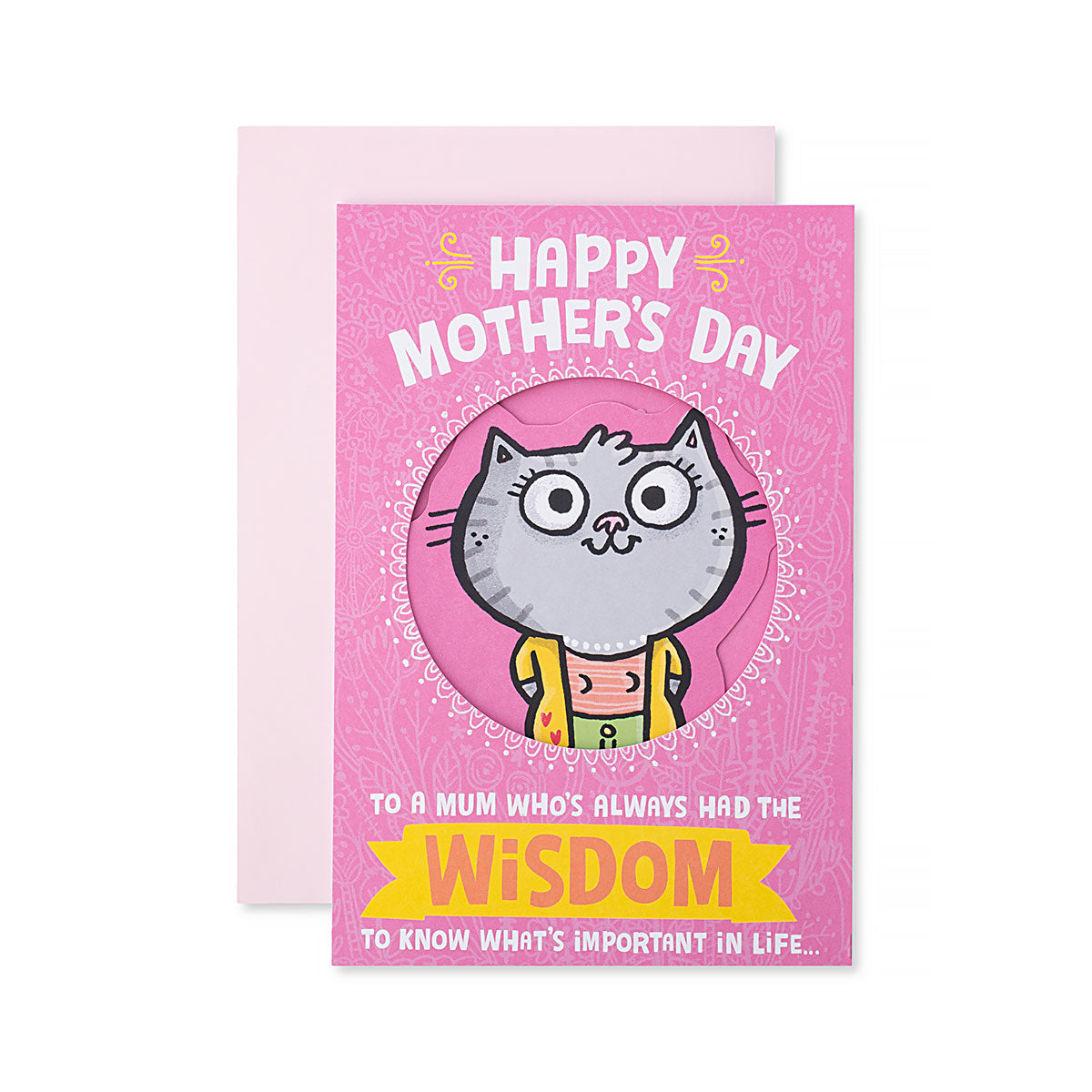 Hallmark Mother's Day Card - Happy Mother's Day with humorous cat illustration on a pink background, featuring a rose pink envelope.