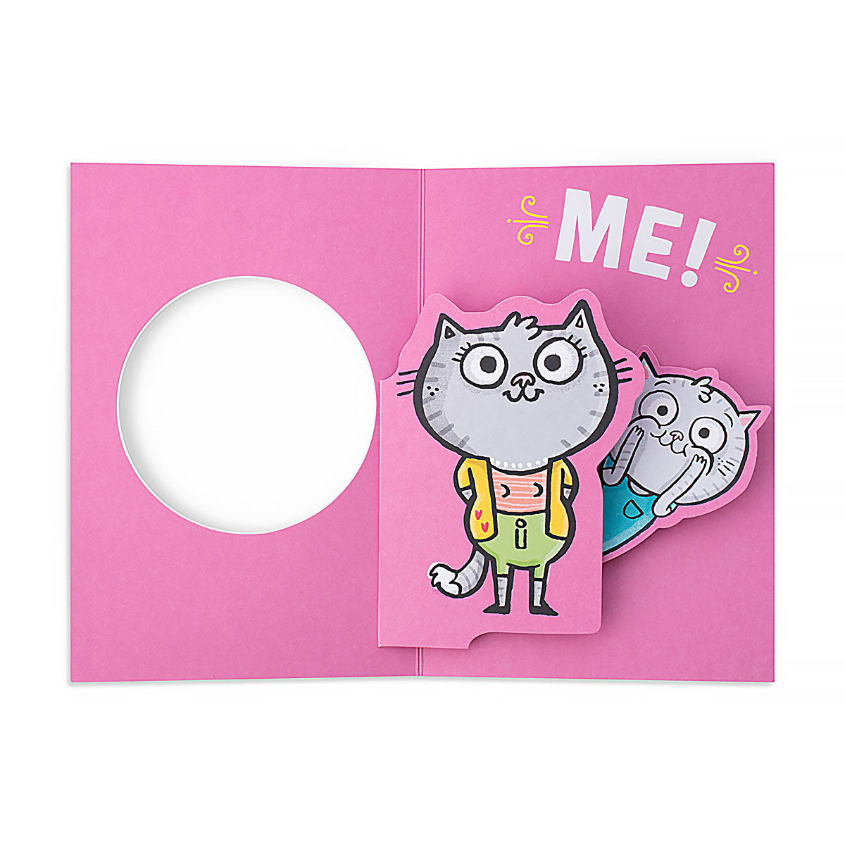 Hallmark Mother's Day card - Happy Mother's Day with pop-out cat illustration on a pink background, open view, fun design.